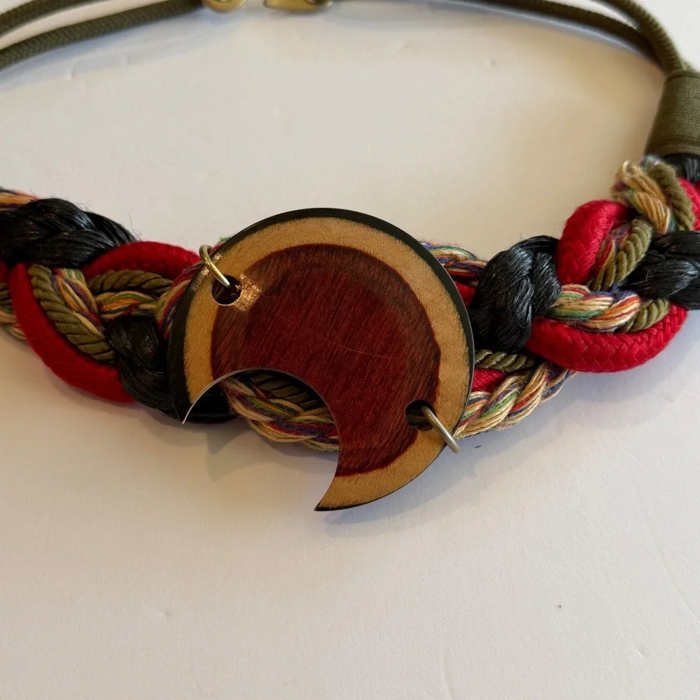 Vintage Braided Rope Statement Belt Wood Crescent Moon Pendant Red Green Black M